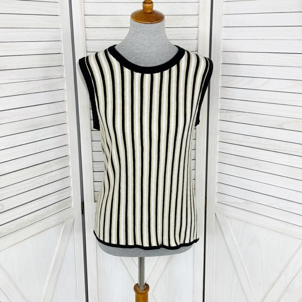 New York & Co Striped Ribbed Knit Sleeveless Sweater Tank Top Tan Black Large